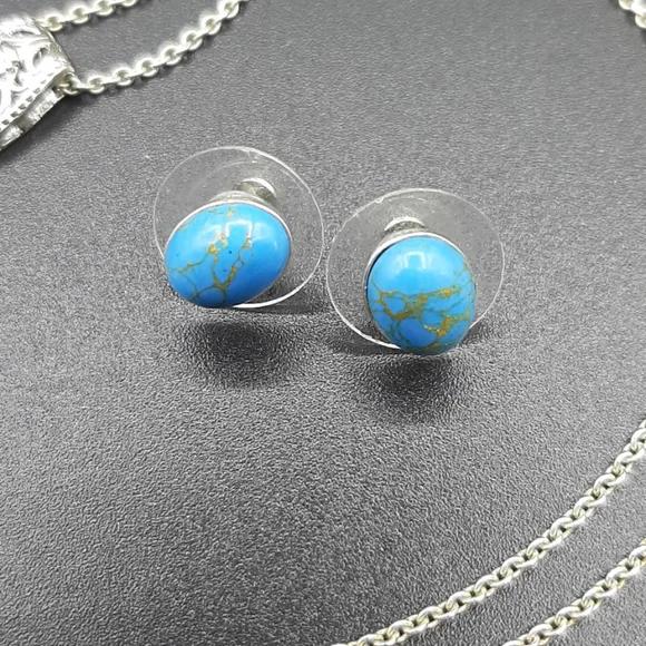Mojave Blue Turquoise earrings and Chestnut Brine Turquoise pendant set Sterling - Picture 5 of 6